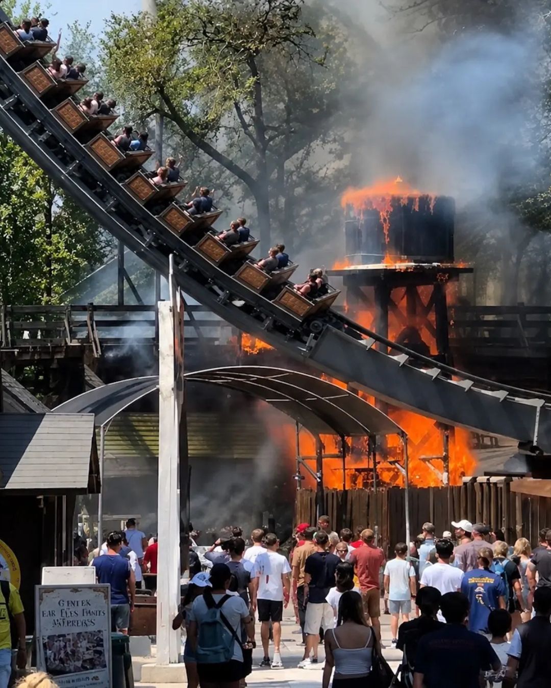 Schokkend moment: achtbaan staat in brand, treintje rijdt erlangs